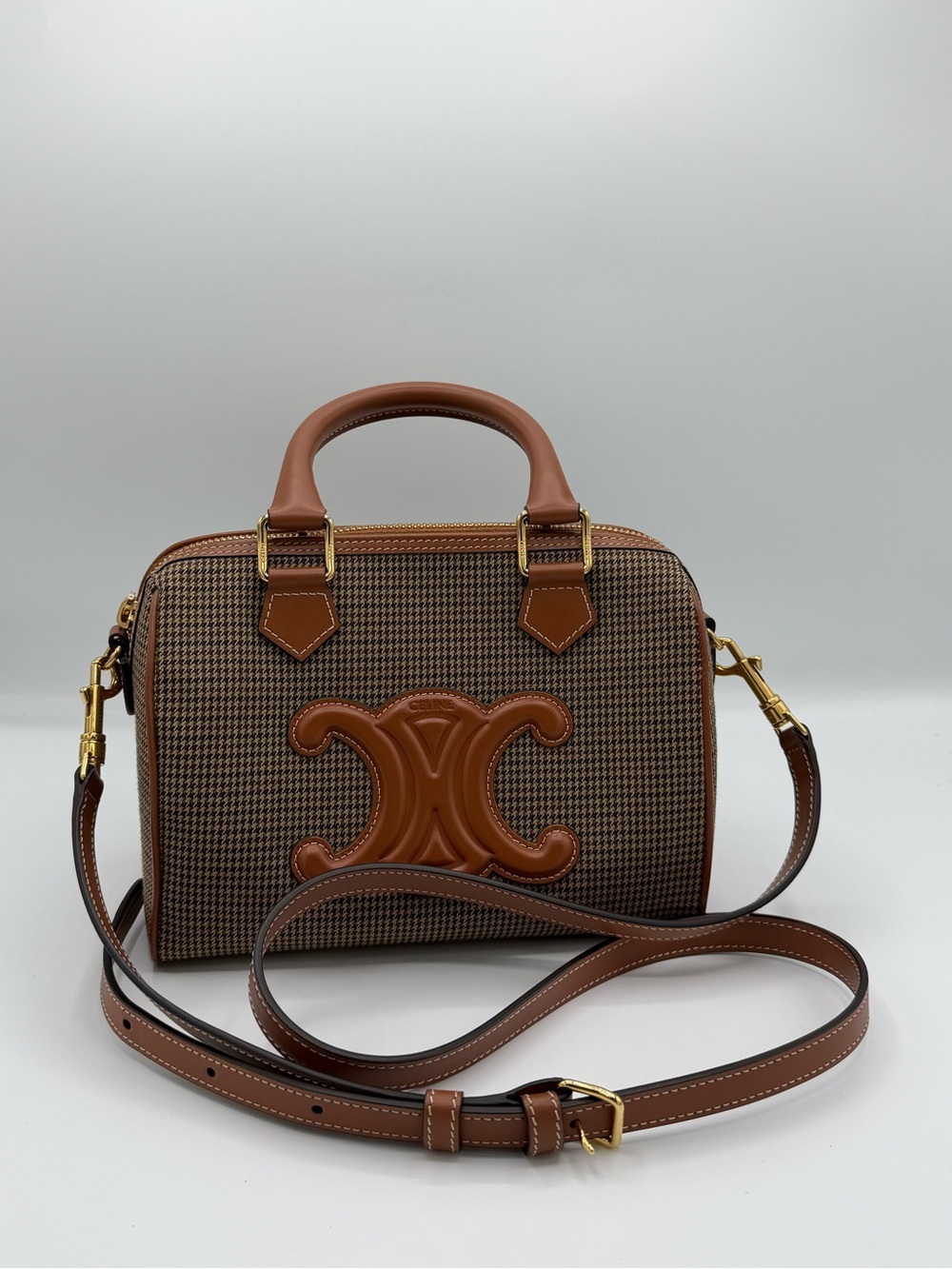 Celine Brown Houndstooth Satchel with Tan Leather Trim